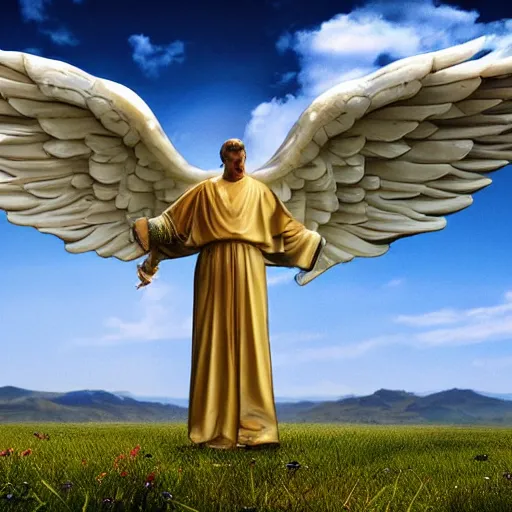 Image similar to gigantic biblical depiction of an angel towering over a vast landscape, cinematic, realistic, geometric white marble body, photorealistic, golden sky color, global illumination, volumetric lighting, god rays, beautiful composition, majestic clouds, soft colors, heavenly lighting