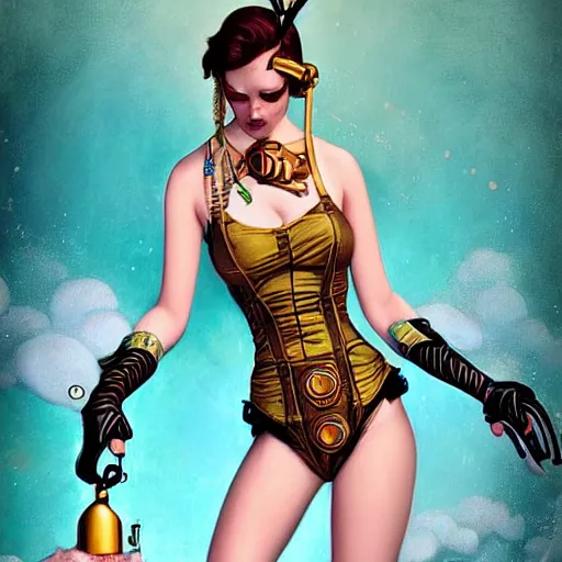 Prompt: lofi steampunk bioshock swimming suit, Pixar style, by Tristan Eaton Stanley Artgerm and Tom Bagshaw.