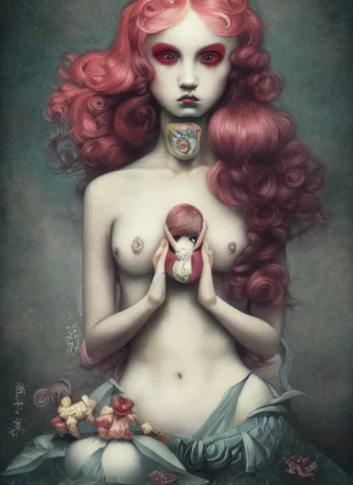 Prompt: pop surrealism, lowbrow art, realistic cute seductive female painting, japanese artist kaname ozuma, hyper realism, muted colours, rococo, dorian clevenger, natalie shau tom bagshaw, mark ryden, trevor brown style,