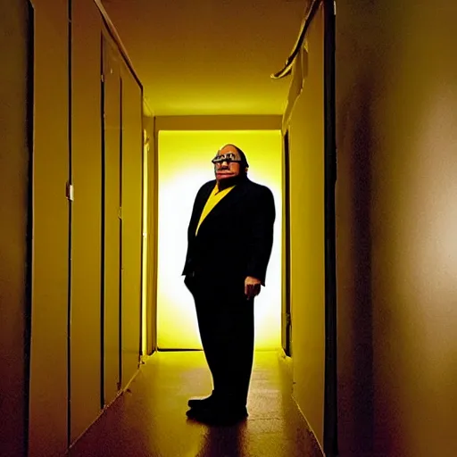 Prompt: danny devito in the backrooms, liminal space, scary, yellow, cinematic camera