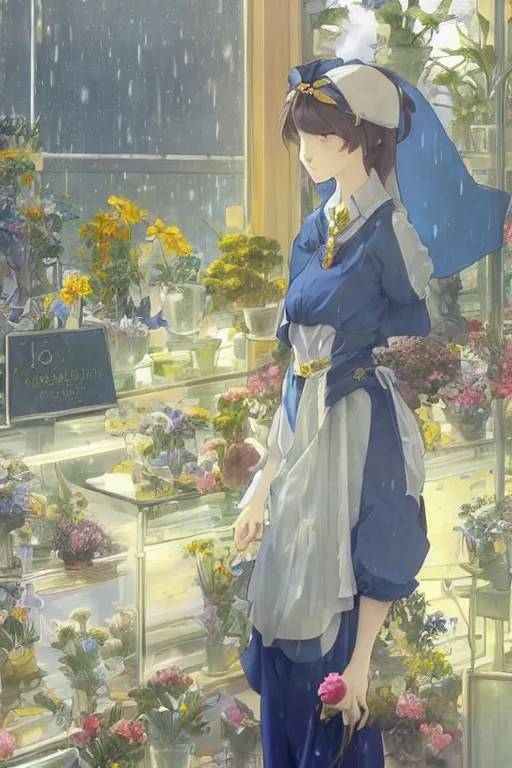 Image similar to a girl working in a flower shop in the afternoon, it is raining outside the window,blue and grey theme,JK uniform ,blue theme with eye-catching yellow accents ,S line, by krenz cushart and mucha and range murata and greg rutkowski