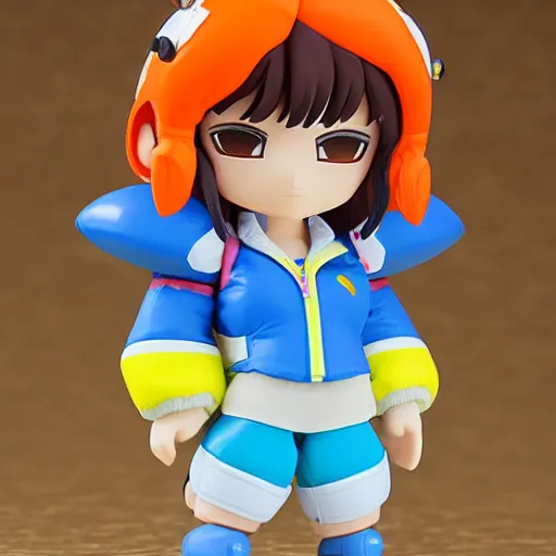 Prompt: magic mushroom, d. va from overwatch wearing orange puffy bomber jacket, nendroid, craig mullins style