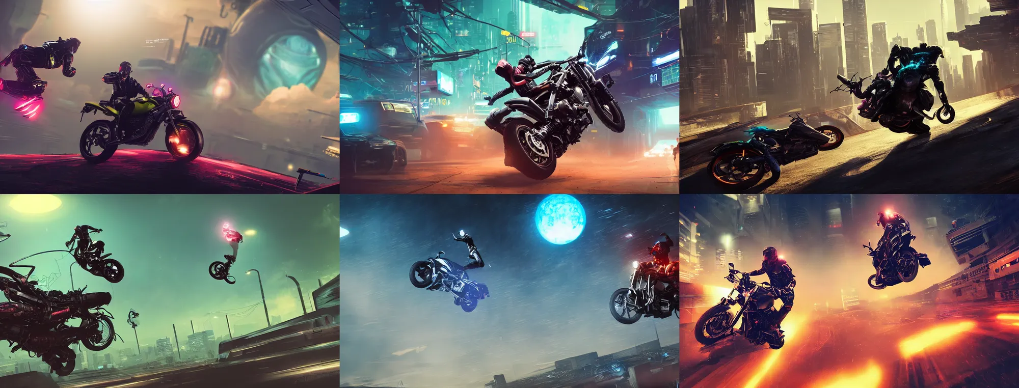 Prompt: photo of a man stunt-jumping on motorcycle on an alien cyberpunk neon planet, cinematic, atmospheric, 8k, trending on artstation