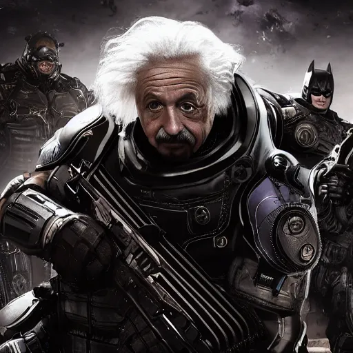 Image similar to 'Albert Einstein'! as (Batman) in Gears of War, splash art, movie still, detailed face, cinematic lighting, dramatic, octane render, long lens, shallow depth of field, bokeh, anamorphic lens flare, 8k, hyper detailed, 35mm film grain