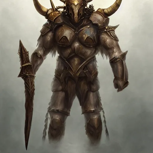 Image similar to Giant minotaur humanoid beast warrior with two handed axe, horned helmet, concept art, heavy white and golden armor, giant horns, portrait, dungeons and dragons, hyperrealism, high details, digital painting, dark fantasy