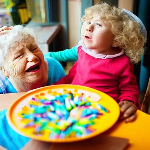 Image similar to “ old lady feeding crayons to child, bizzaro ”