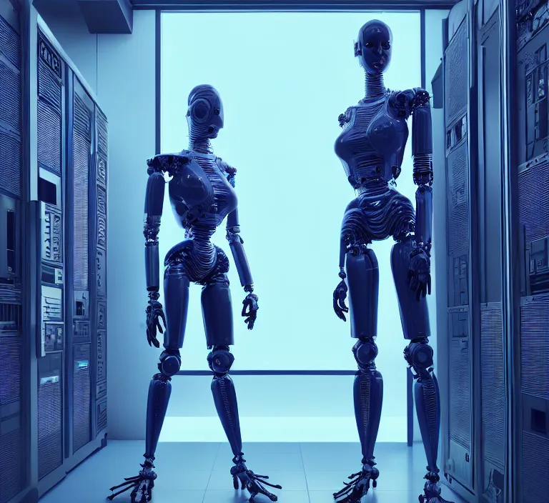 Image similar to hyperrealism stock photo of highly detailed stylish humanoid robot in sci - fi cyberpunk style by gragory crewdson and vincent di fate with many details by josan gonzalez working in the highly detailed data center by mike winkelmann and laurie greasley hyperrealism photo on dsmc 3 system rendered in blender and octane render