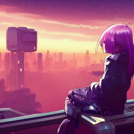 Prompt: android mechanical cyborg anime girl child overlooking overcrowded urban dystopia sitting. Pastel pink clouds baby blue sky. Gigantic future city. Raining. Makoto Shinkai. Wide angle. Distant shot. Purple sunset. Sunset ocean reflection. Pink hair. Pink and white hoodie. Cyberpunk. featured on artstation. robotic wired knee. Sweater. robotic wired knee.