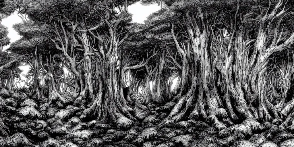 Image similar to illustration of a fantasy forest on the mountanside, monochrome, manga style, by Kentaro Miura, sharp, dramatic lighting