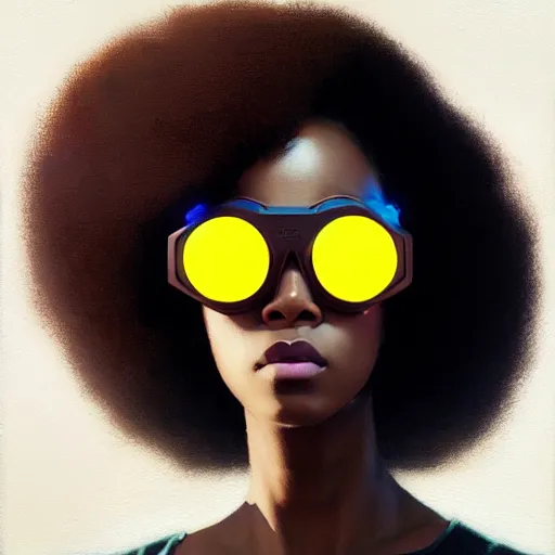 Image similar to beautiful woman wearing opaque reflective goggles profile picture by greg rutkowski, brown skin, long afro hair, asymmetrical, futuristic, cool colors, streetwear, studio ghibli, organic painting, matte painting, geometric shapes, hard edges, street art, trending on the artstation, fantasy lut, realistic by sachin teng,