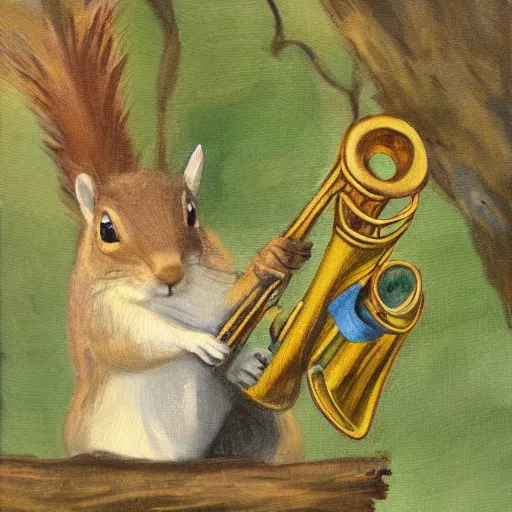 Image similar to squirrel with a trumpet in an oak tree, oil painting