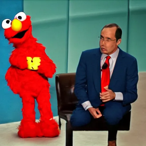 Image similar to Elmo wearing a suit, sitting in front of a microphone, shouting at congress.