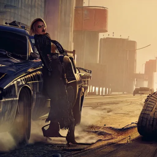 Image similar to Fury Road driver scarlett johansson tragedy in Cyberpunk 2077. CP2077. 3840 x 2160