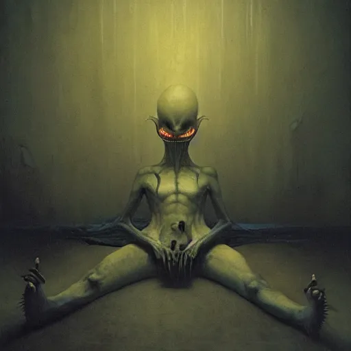 Image similar to demonic alien with long fingers at the foot of the bed in a dark room, beksinski, dariusz zawadzki, very coherent symmetrical artwork, cinematic, hyper realism, high detail, octane render, 8 k