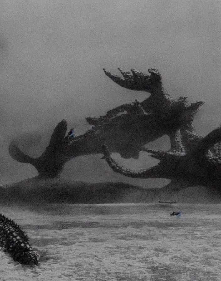 Image similar to a filmstill of a north korean monster movie, kaiju - eiga monster starfish - like trampling a traditional korean palace, foggy, film noir, video compression