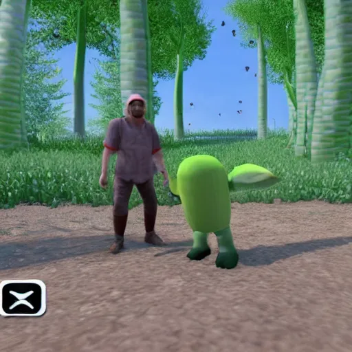 Image similar to 3d video game gameplay of man in field of giant asparagus