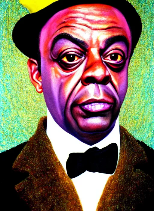 Image similar to portrait of del boy trotter, close up, high detail, radiant lighting, obscure render aesethic, magical background, gaudy colors, painting