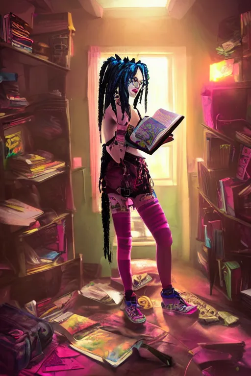 Image similar to portrait of a cybergoth girl with pink dreads reading a book on the floor of a cluttered 9 0 s bedroom, dynamic lighting, fantasy concept art, trending on art station, stunning visuals, creative, cinematic, ultra detailed,