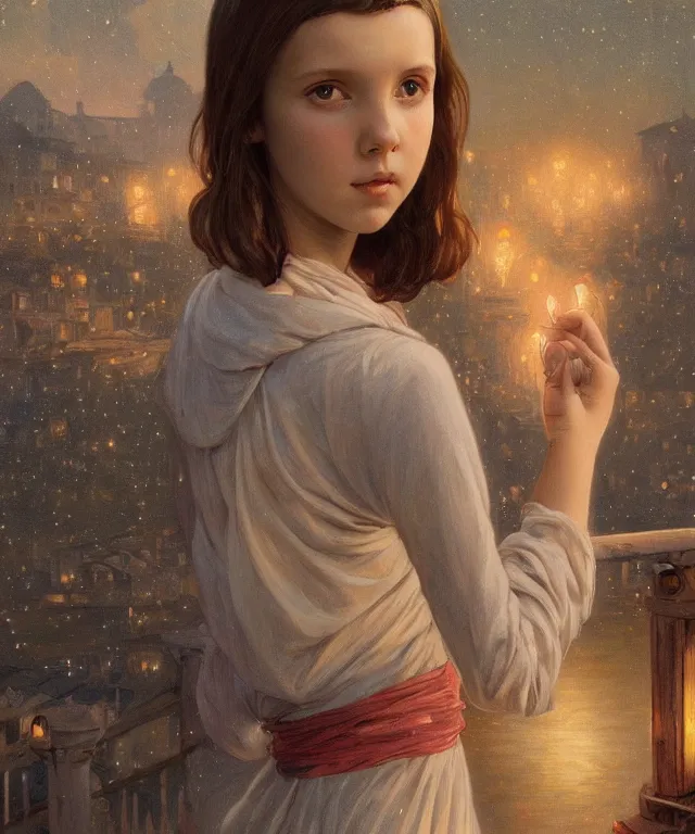 Image similar to a beautiful painting of a girl resembling millie bobby brown standing on a bridge, watching the view from the river of the lantern festival in a an ancient italian town, at night with a sky full of stars, intricate, elegant, highly detailed, digital painting, artstation, concept art, by krenz cushart and artem demura and alphonse mucha