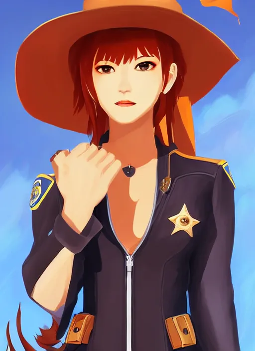 Image similar to full size persona, female sheriff, detail, ultra sharpness, beautiful female, detailed face, art by huyy nguyen, style by cain kuga, cowboy bebop art style, 3 2 beautiful color palettes with their corresponding gradient
