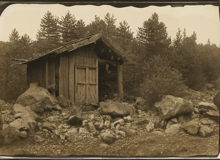 Image similar to Photograph of a miner's wooden shack among dry bushes and boulders in a pine forest, albumen silver print, Smithsonian American Art Museum