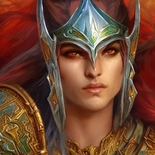 Image similar to night elf warden world of warcraft fantasy character design close up, wide angle, ultra realistic, intricate details,, highly detailed, abstract art piece by gaston bussiere, craig mullins, j. c. leyendecker krysdecker