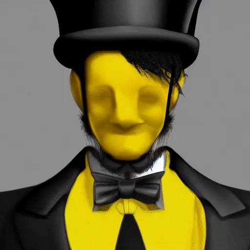 Image similar to a highly detailed portrait of a man in a high top hat covering his face, in a black tailcoat with a yellow waistcoat under the tailcoat, artstation, deviantart, professional, unreal engine 5, photorealistic