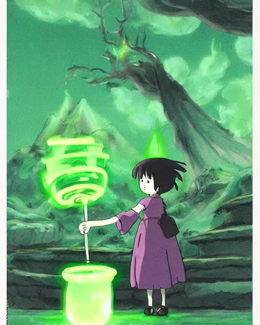 Image similar to a witch brewing a green glowing potion, concept art by studio ghibli, cute, anime : : artstyle of spirited away