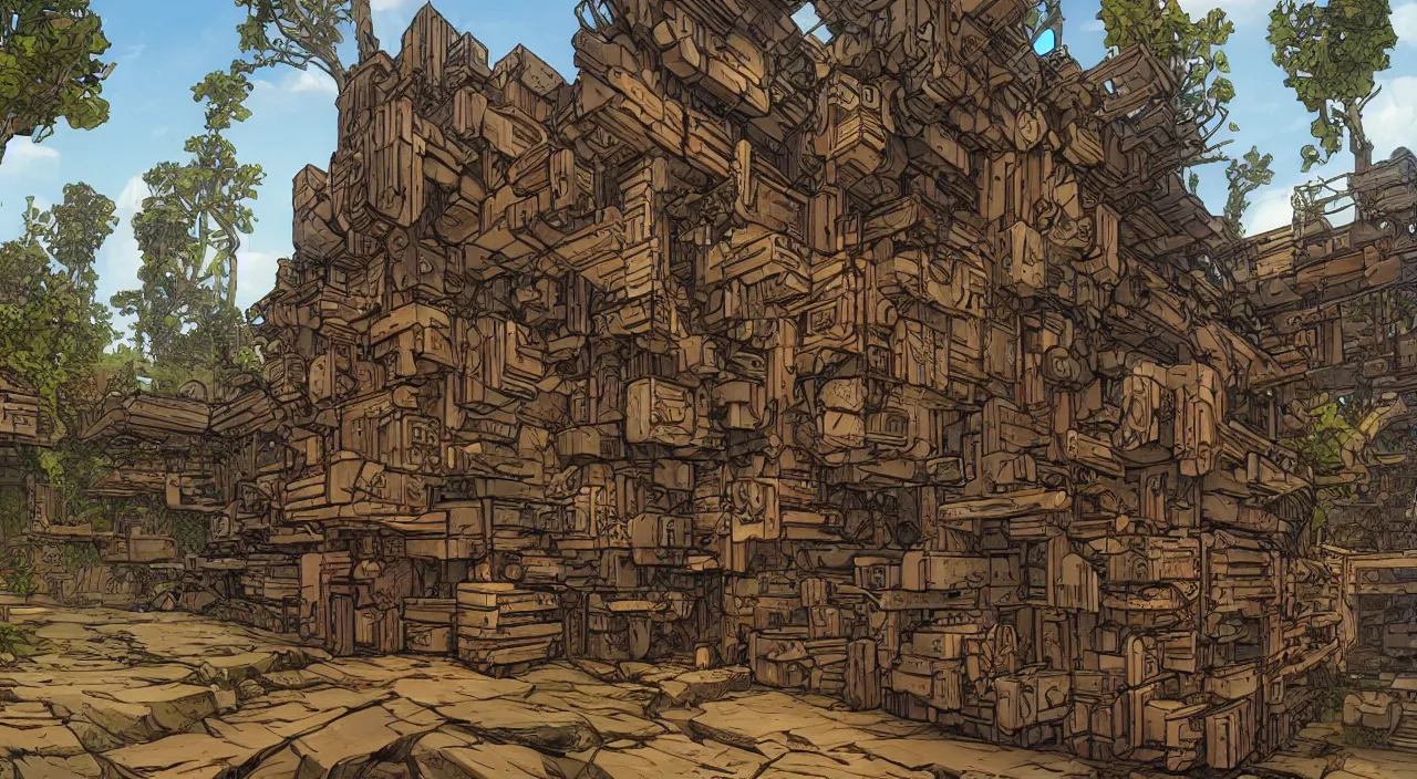 Image similar to wood wall fortress greeble block amazon jungle global illumination ray tracing that looks like it is from borderlands and by feng zhu and loish and laurie greasley, victo ngai, andreas rocha, john harris