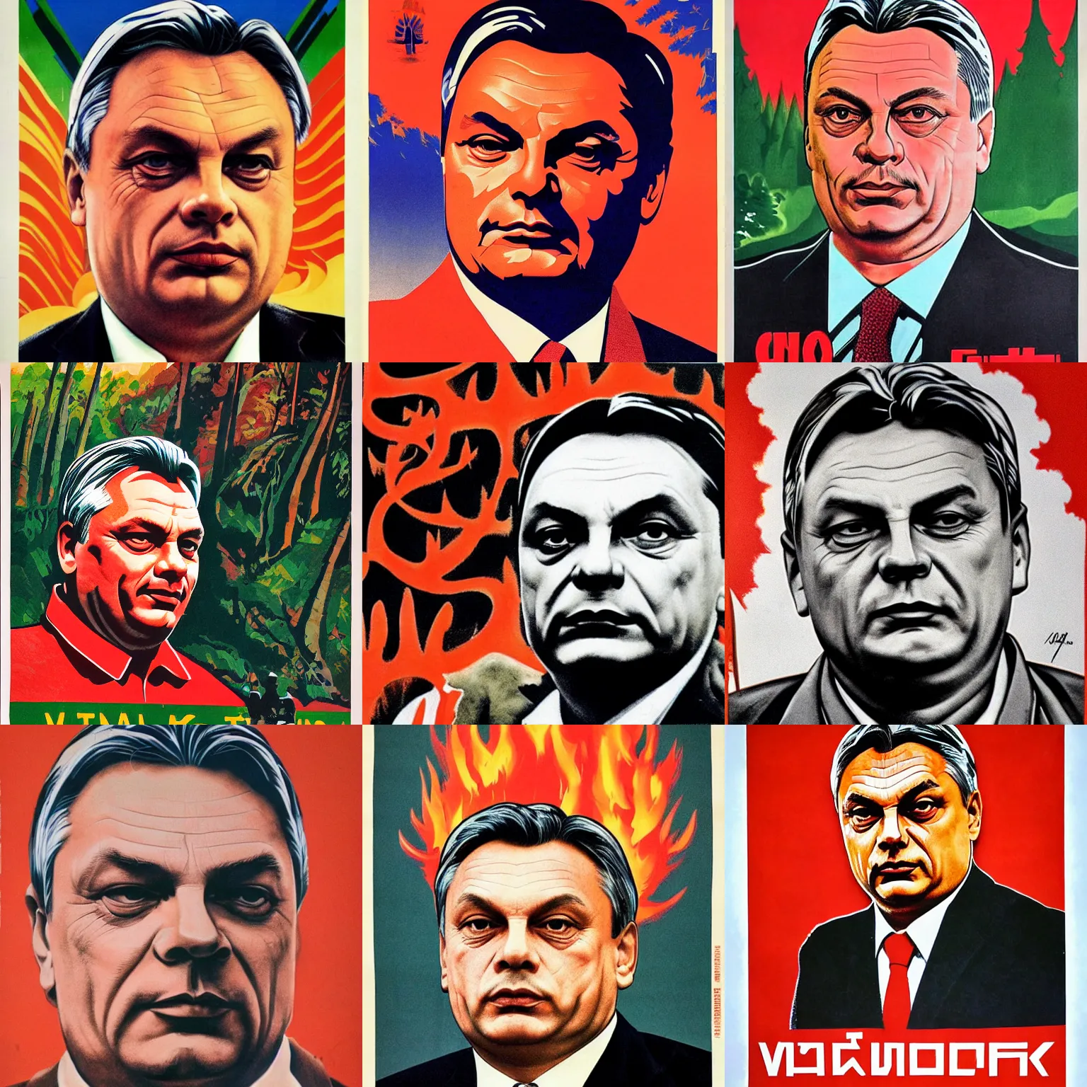 Prompt: soviet poster of viktor orban, highly detailed face, forest on fire in background