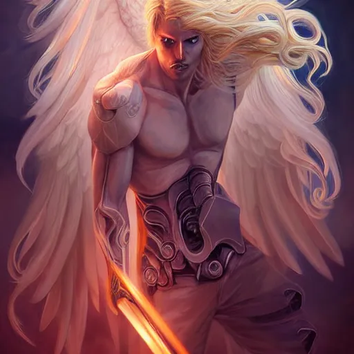 Prompt: digital art of a pale menacing male Cyborg Angel of Battle with long blond curls of hair and piercing eyes, central composition, he commands the fiery power of resonance and wrath, very very long blond curly hair with bangs!!!, Center parted bangs, fringe, baroque curls, by Ross Tran Rossdraws and WLOP, Artstation, CGsociety