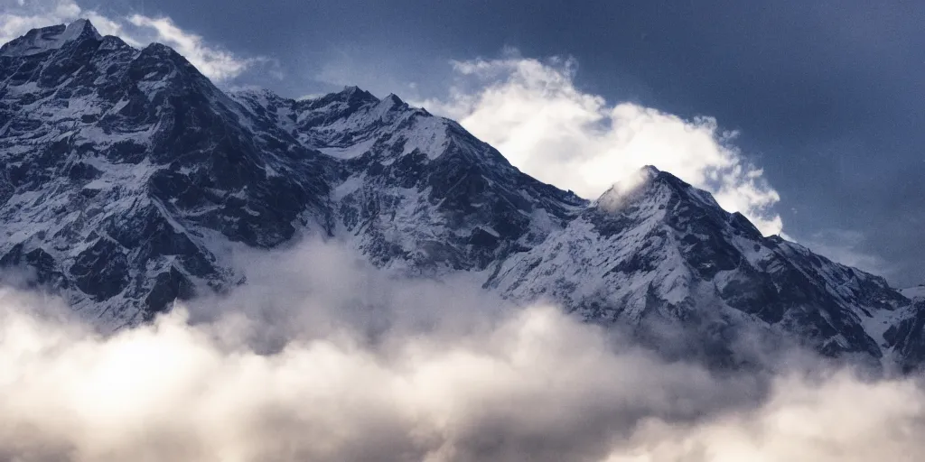 Image similar to a mountain floats in the clouds and shines brightly