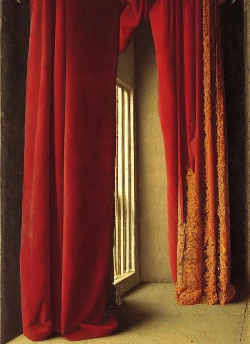 Image similar to red curtain, medieval painting by jan van eyck, johannes vermeer, florence