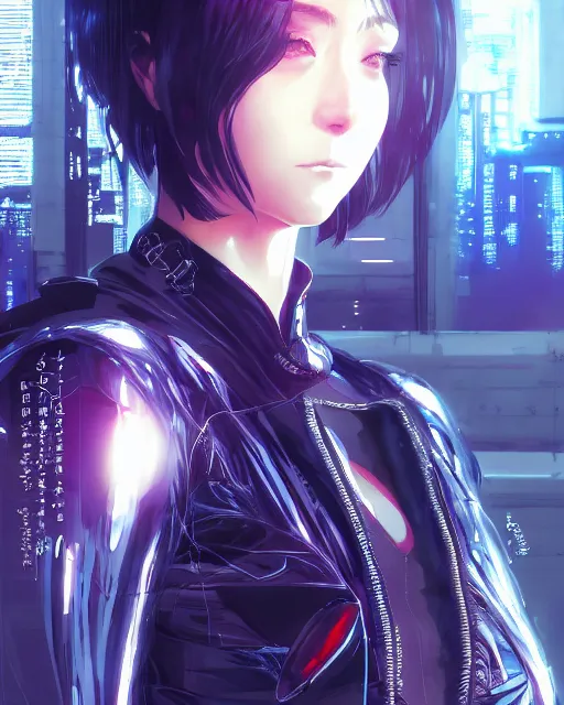 Image similar to kyoto animation, cool girl wearing cyberpunk intricate catsuit, beautiful, detailed portrait, cell shaded, 4 k, concept art, by wlop, ilya kuvshinov, artgerm, krenz cushart, greg rutkowski, pixiv. cinematic dramatic atmosphere, sharp focus, volumetric lighting, cinematic lighting, studio quality