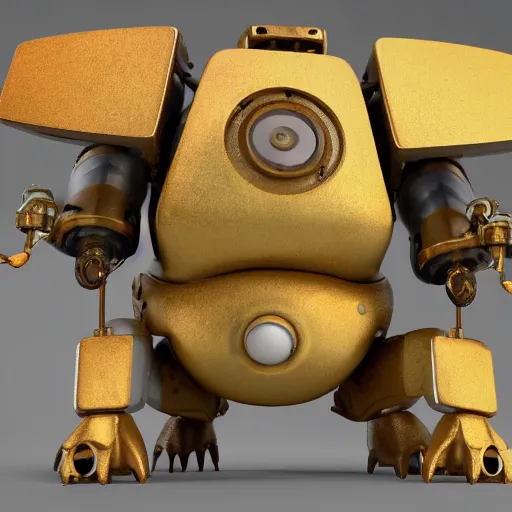 Prompt: a small chubby bot, smooth panelling, one large golden eye intricate detail, with damaged rusty arms, pokemon broken antenna, recycled, floating, white studio, ambient light, in the style of pokedstudios, belnder, octane render, 8 k,