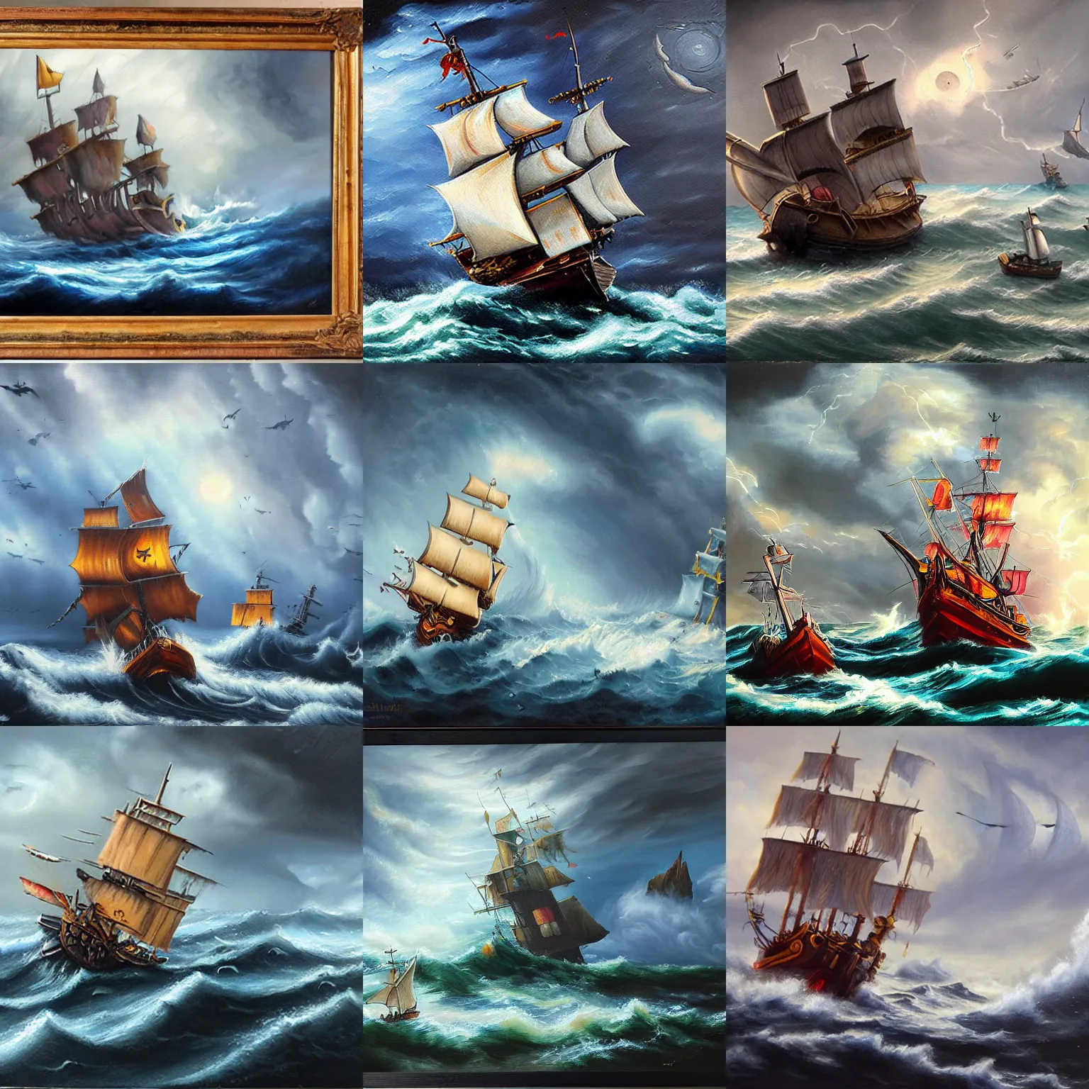 Prompt: a wizkids pirates constructible ship on a stormy sea, oil painting