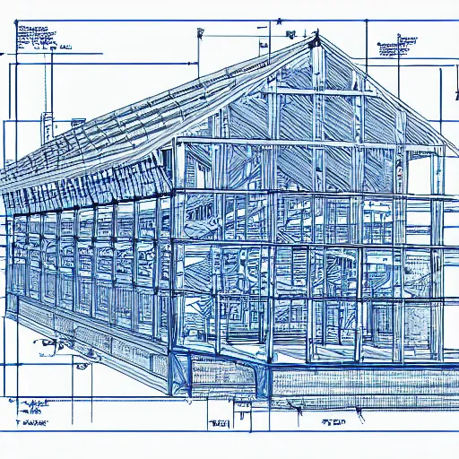 Image similar to noah's ark blueprints, white on blue line drawing, hyper detailed, construction plans