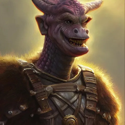 Image similar to barney from barney the dinosaur show as a realistic fantasy d & d knight, closeup portrait art by donato giancola and greg rutkowski, realistic face, digital art, trending on artstation