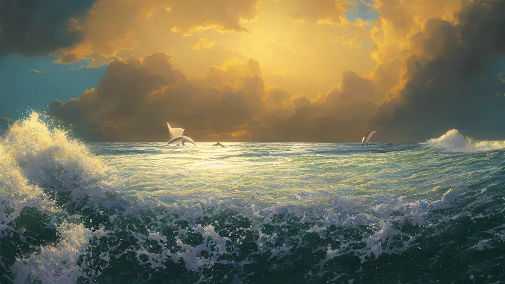 Image similar to first person view of breaking waves on the shore, summer, clear beautiful sky, bright sky, dolphins dolphin swimming, peaceful, amazing, by andreas rocha and john howe, and Martin Johnson Heade, featured on artstation, featured on behance, golden ratio, ultrawide angle, f32, well composed