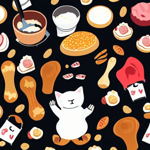 Prompt: vector art illustration, high definition, white background, of a silly cat baking cookies, in the style of anime