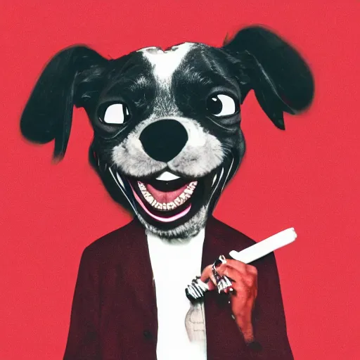 Image similar to Snoop Dog with big eyes eye color red , smiling and holding a joint in his hand