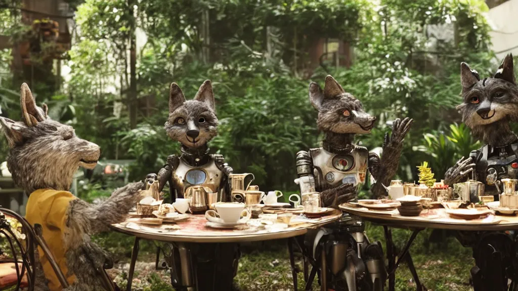 Image similar to film still from the movie chappie of the robot chappie shiny metal outdoor park plants garden scene bokeh depth of field several figures sitting down at a table having a delicious grand victorian tea party furry anthro anthropomorphic stylized cat ears wolf muzzle head android service droid robot machine fursona