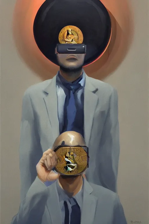 Image similar to sathoshi nakamoto wearing oculus and bitcoin over his head edward hopper and james gilleard, zdzislaw beksisnski, higly detailed