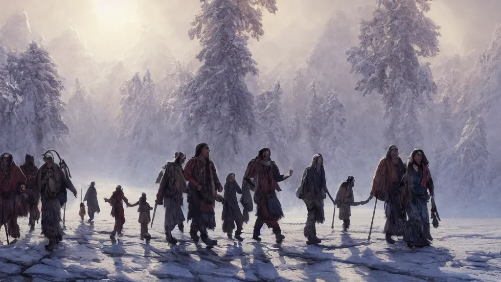 Image similar to highly detailed image of a group of indigenous travelers, walking in a line, traditional clothing, unreal engine, fantasy art by greg rutkowski, snowy mountains, lake, winter, hunter, by greg rutkowski, cgsociety, ferdinand knab, rossdraws, tom bagshaw, global illumination, radiant light, detailed and intricate environment