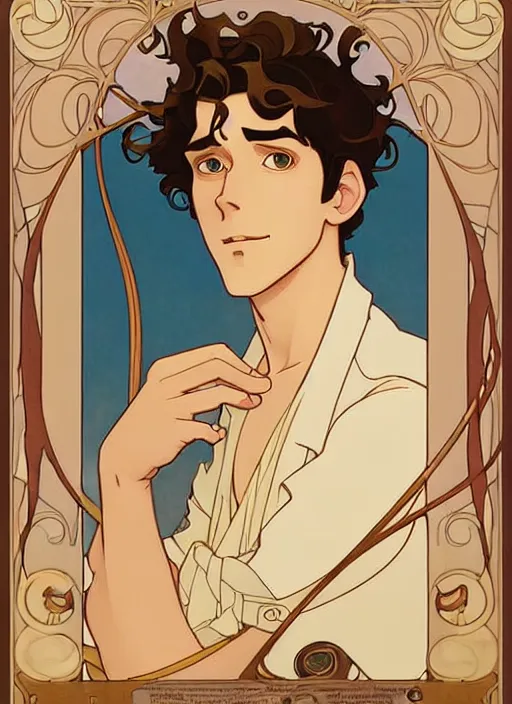 Image similar to art nouveau portrait of a handsome young man with curly medium length light brown hair, brown eyes, aloof, t - shirt, natural lighting, path traced, highly detailed, high quality, cartoon, digital painting, by don bluth and ross tran and studio ghibli and alphonse mucha