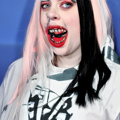 Image similar to mad billie eilish with a british teeths