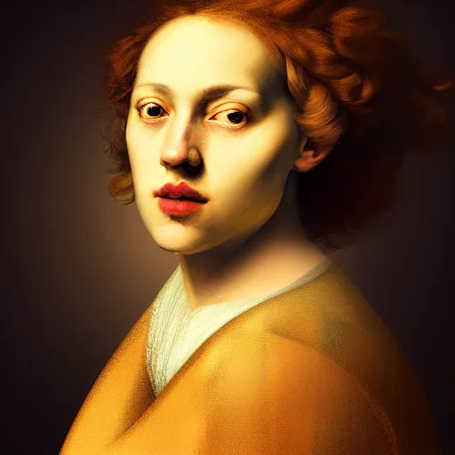 Prompt: digital portrait of luna influenced by rembrandt against a precisionist background composed of geometric shapes and clean lines, creating a contrast with the woman's more organic features. the woman's face is illuminated by a warm, golden light, and her gaze is downcast, as if she is lost in thought.