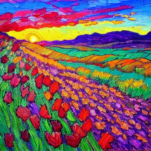 Image similar to a painting of a sunset over a field of flowers, an oil painting by erin hanson, deviantart, american impressionism, rich color palette, impressionism, fauvism