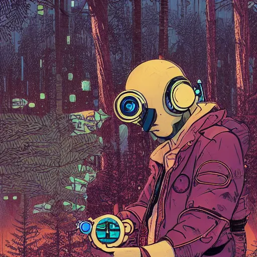 Image similar to Stunning close up of cyberpunk explorer holding his small circular robot friend in his hand, forest in background, highly detailed, by Victo Ngai and James Gilleard , Moebius, Laurie Greasley