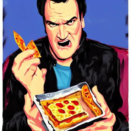 Image similar to pulp portrait colorful of quentin tarantino eating a slice of pizza, illustration, artstation